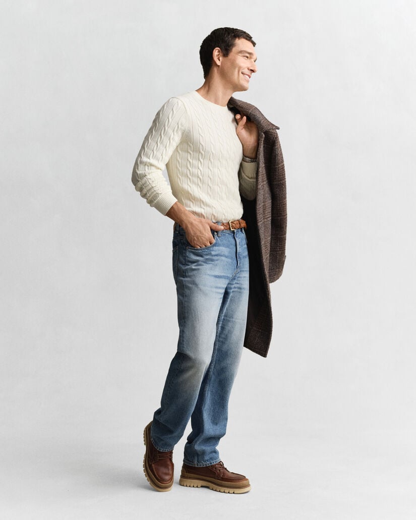 Camisola em malha entrançada de algodão com decote redondo