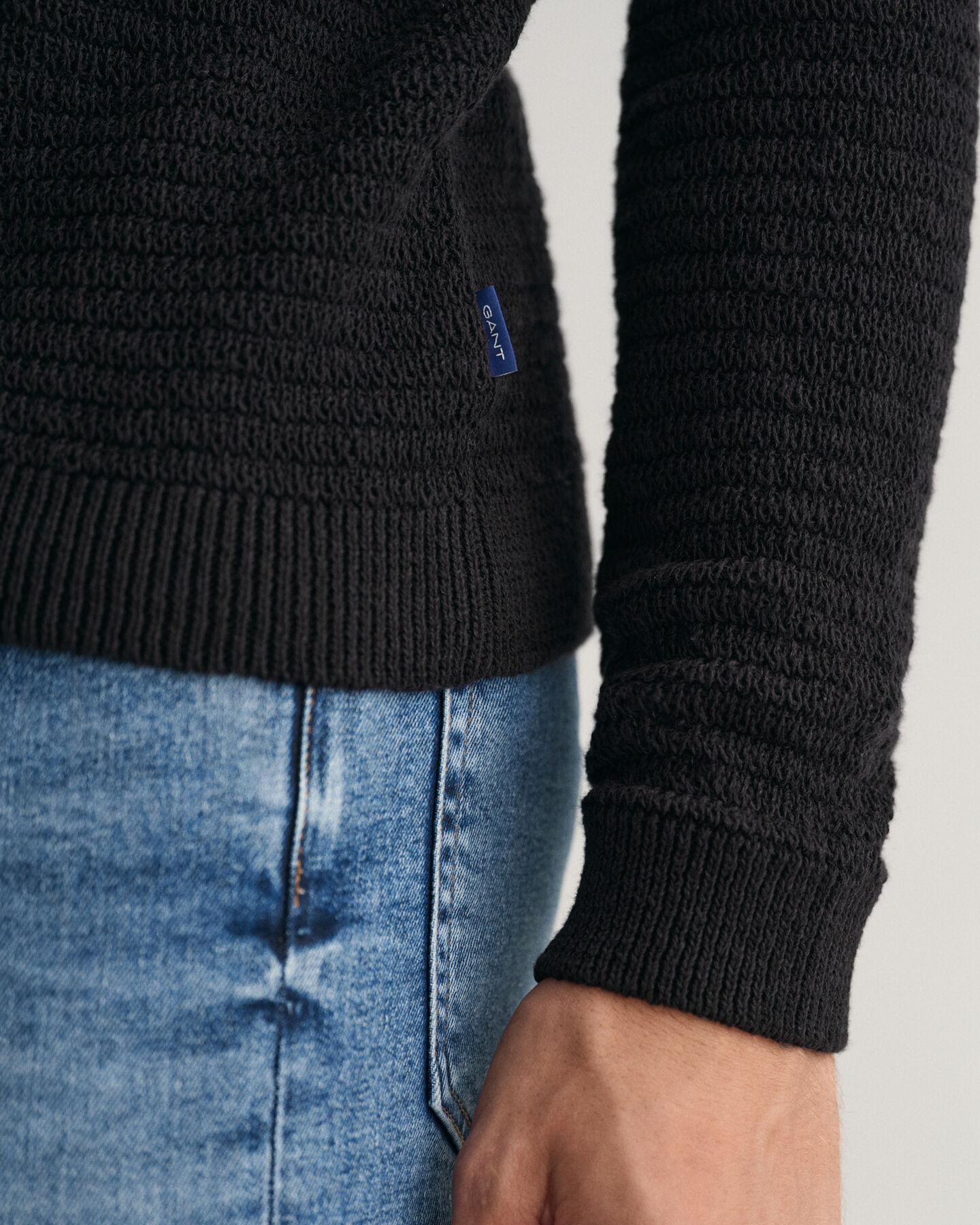 Pulover com decote redondo em linho e algod&atilde;o Textured