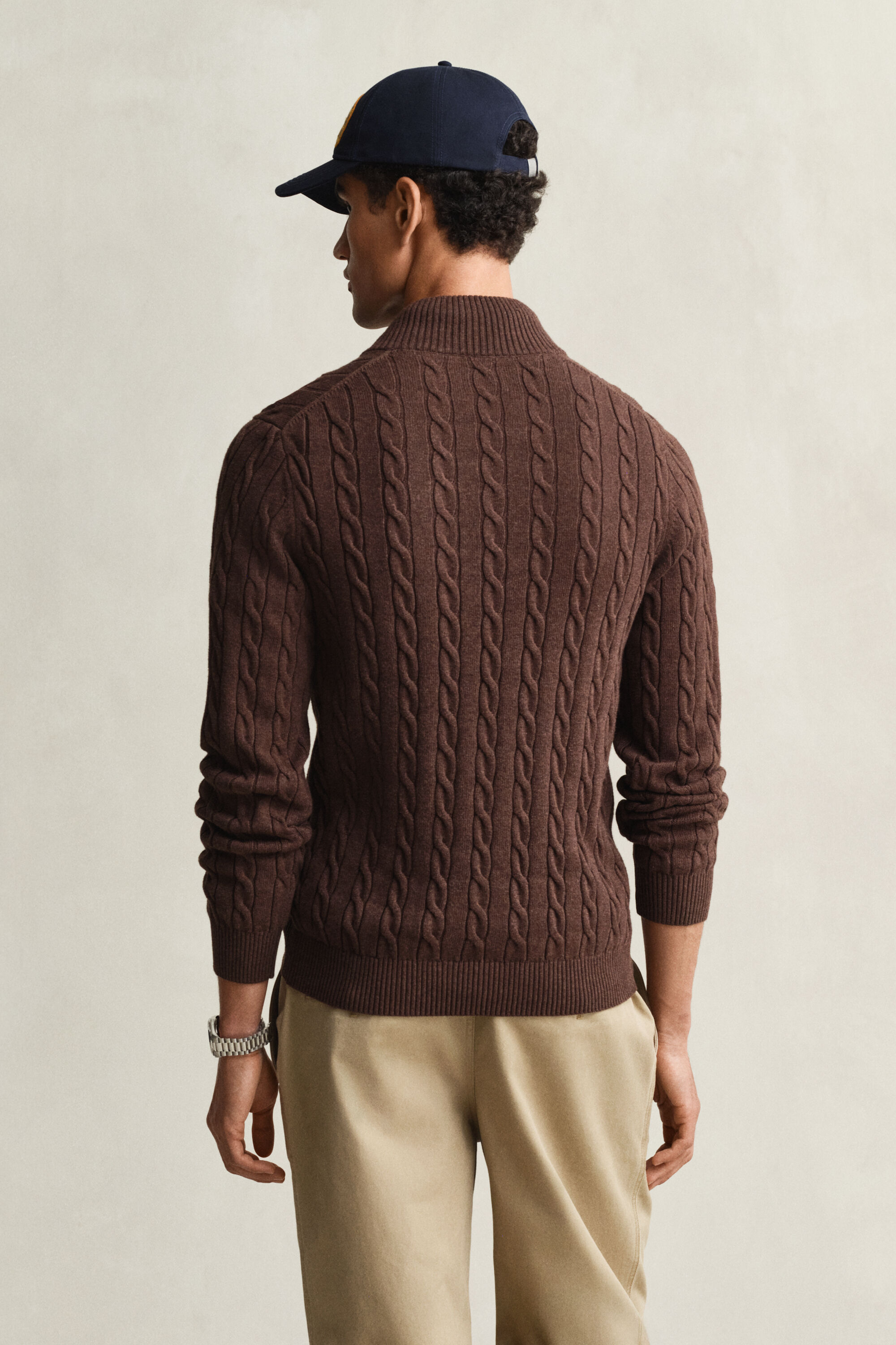 Camisola de malha entrançada de algodão com meio fecho de correr