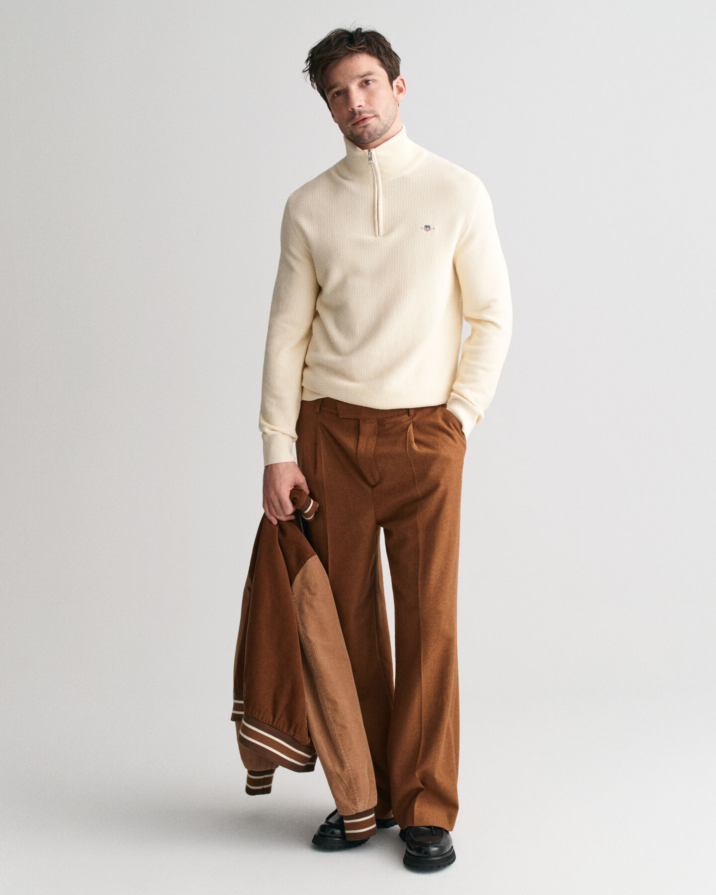 Camisola de malha com meio fecho em algodão Micro Textured