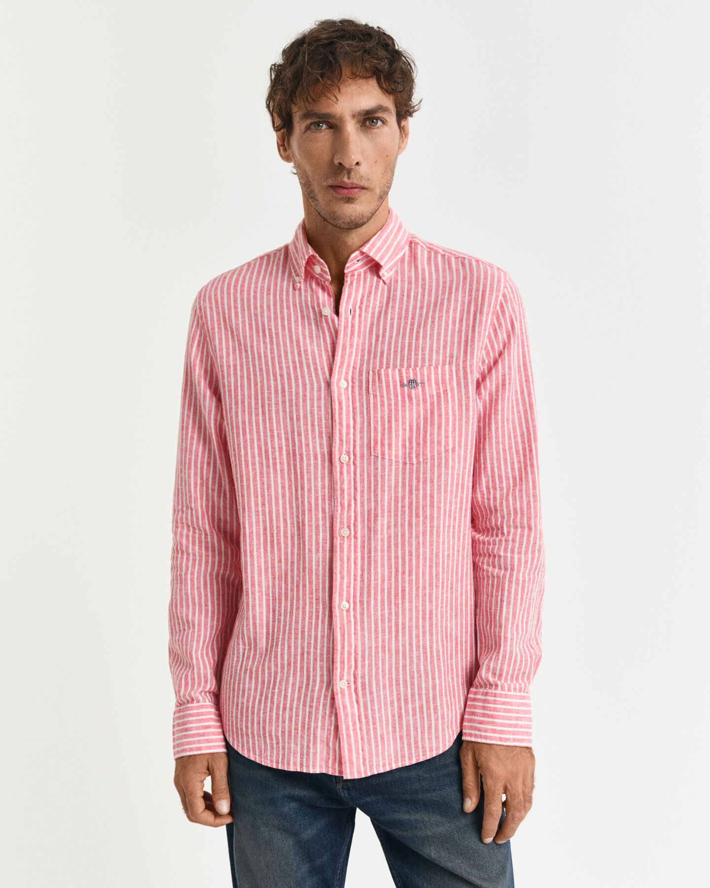 Camisa em linho e algod&atilde;o &agrave;s riscas regular fit