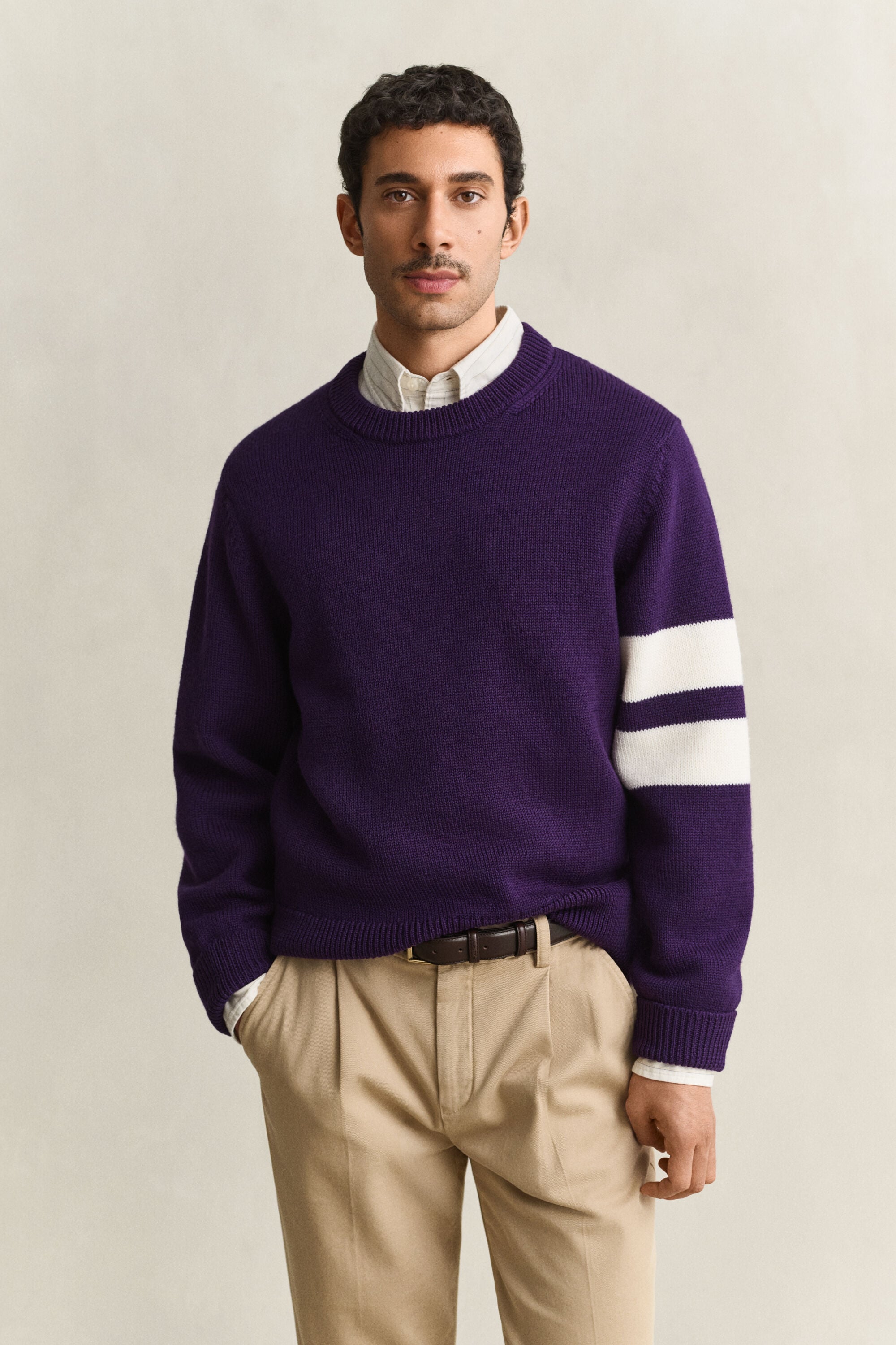 Camisola de malha em lã de merino às riscas