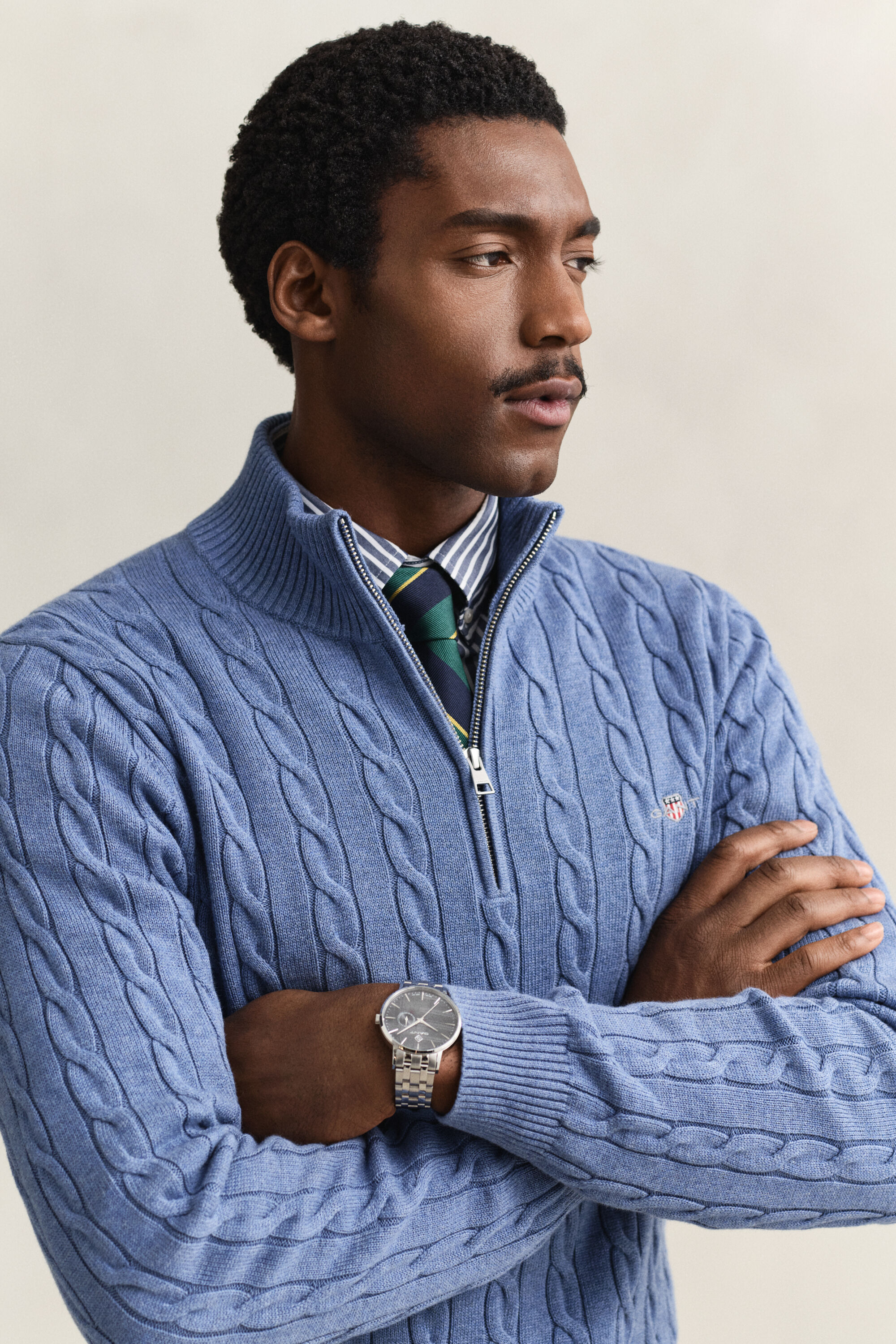 Camisola de malha entrançada de algodão com meio fecho de correr