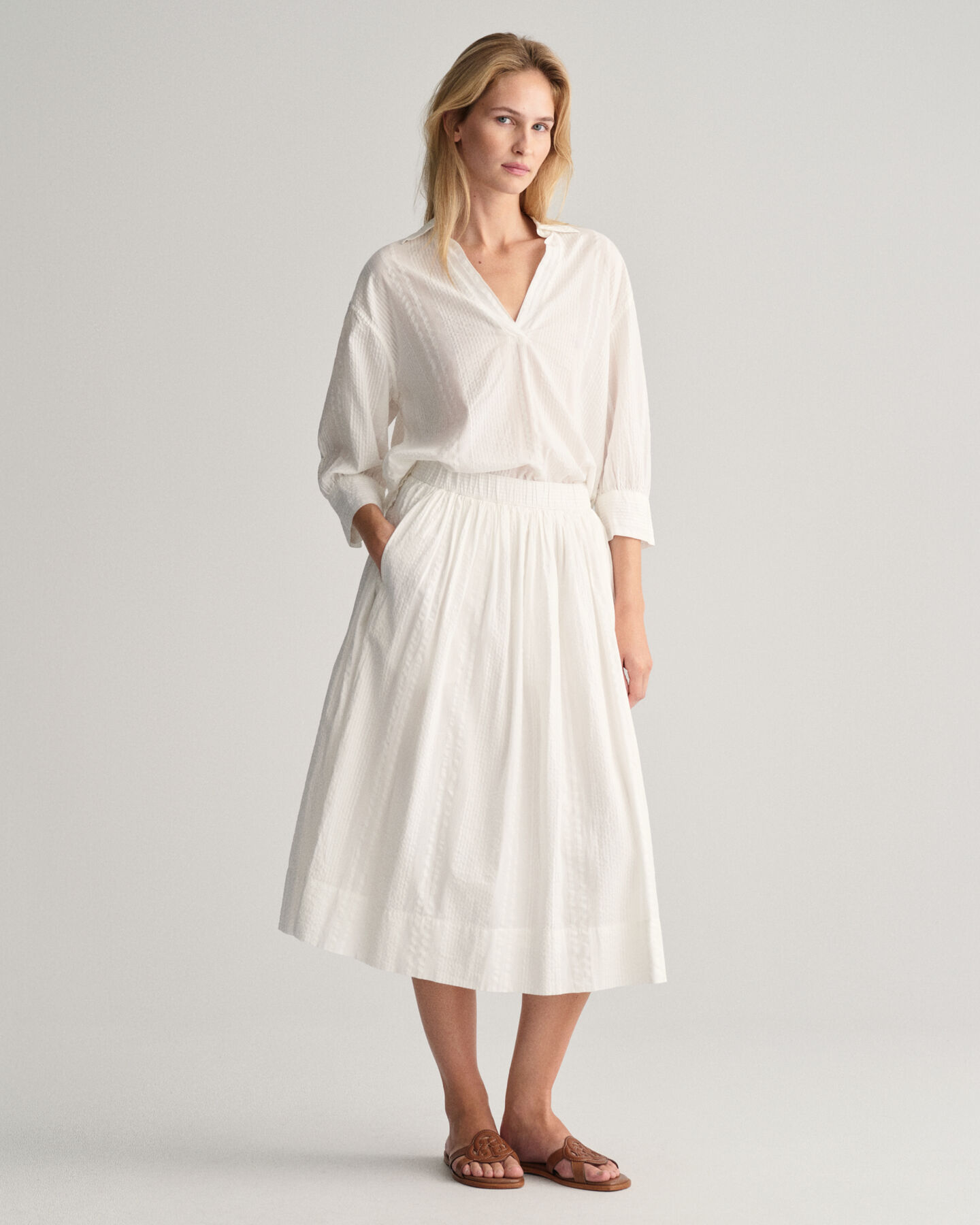 Saia Pull-On às riscas Seersucker