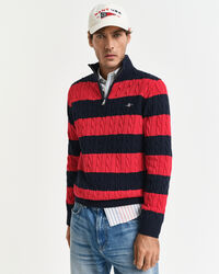 Camisola de malha entran&ccedil;ada de algod&atilde;o &agrave;s riscas com meio fecho de correr