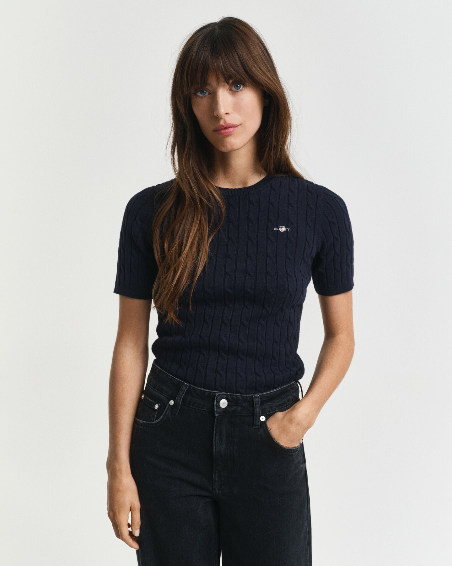 Camisola de malha entrançada em algodão com elastano