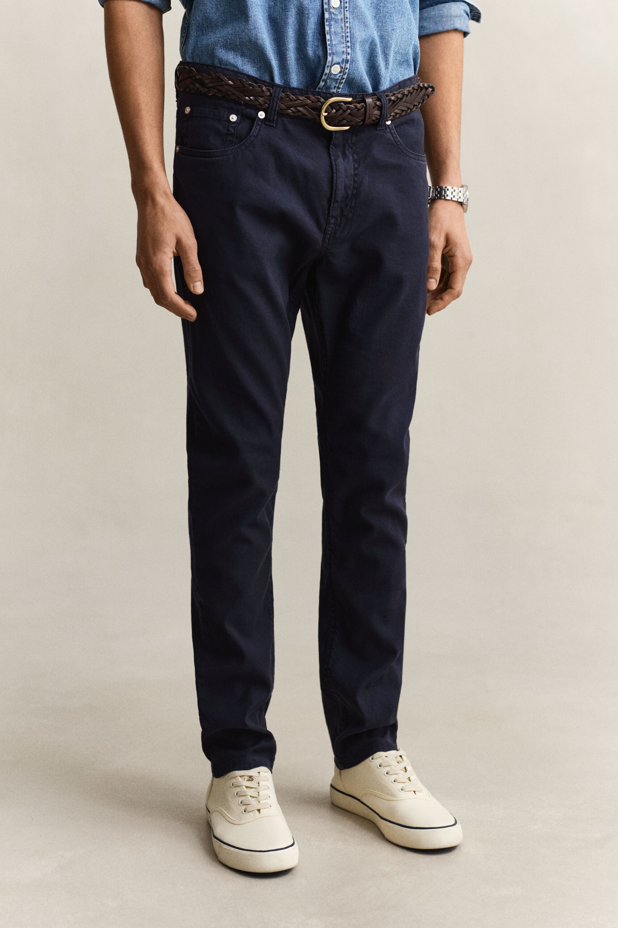 Calças de ganga em mistura de linho