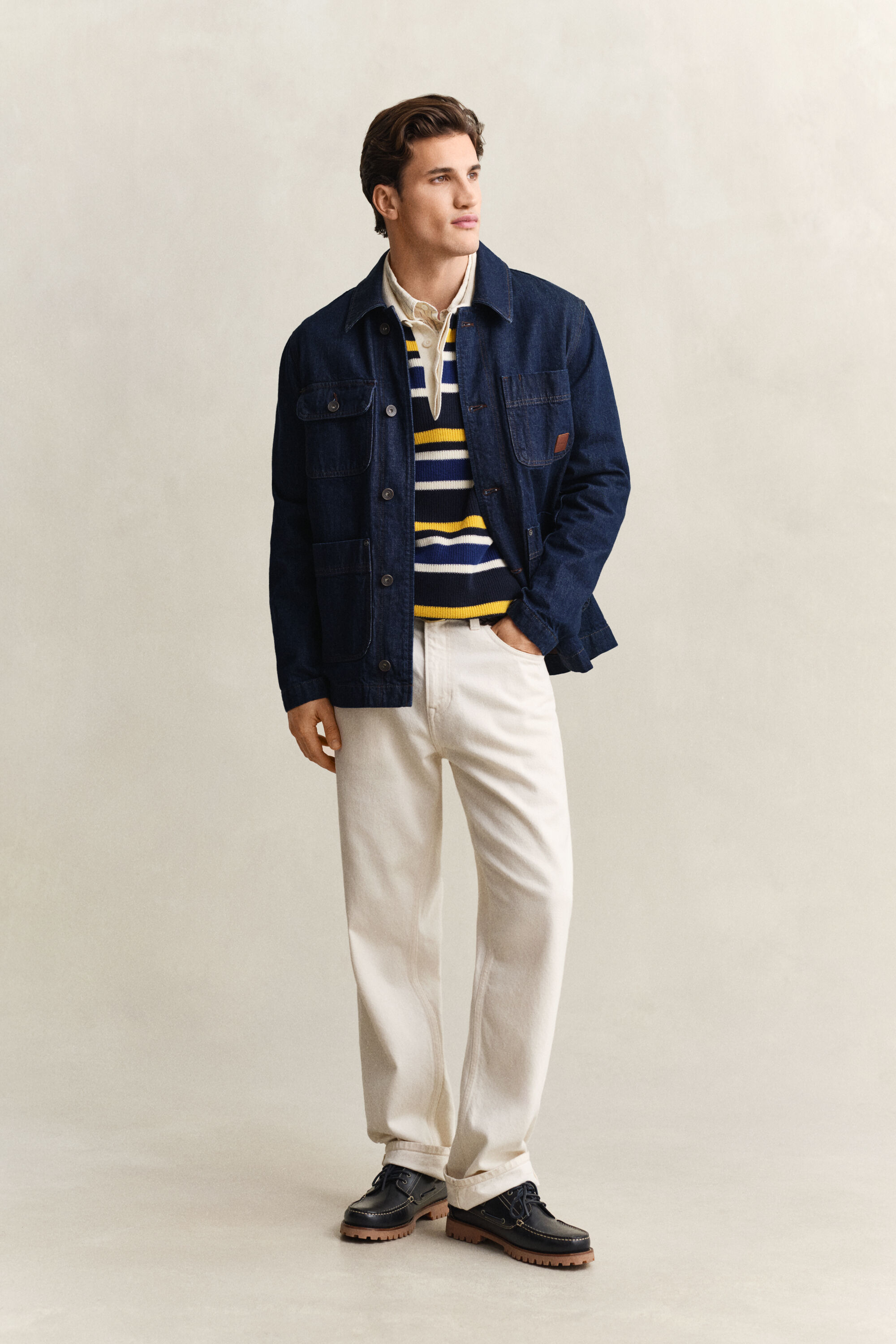 Camisola de malha canelada estilo polo às riscas