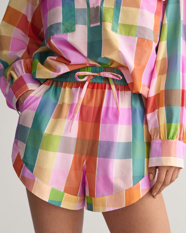 Calções em seda e algodão com padrão de xadrez