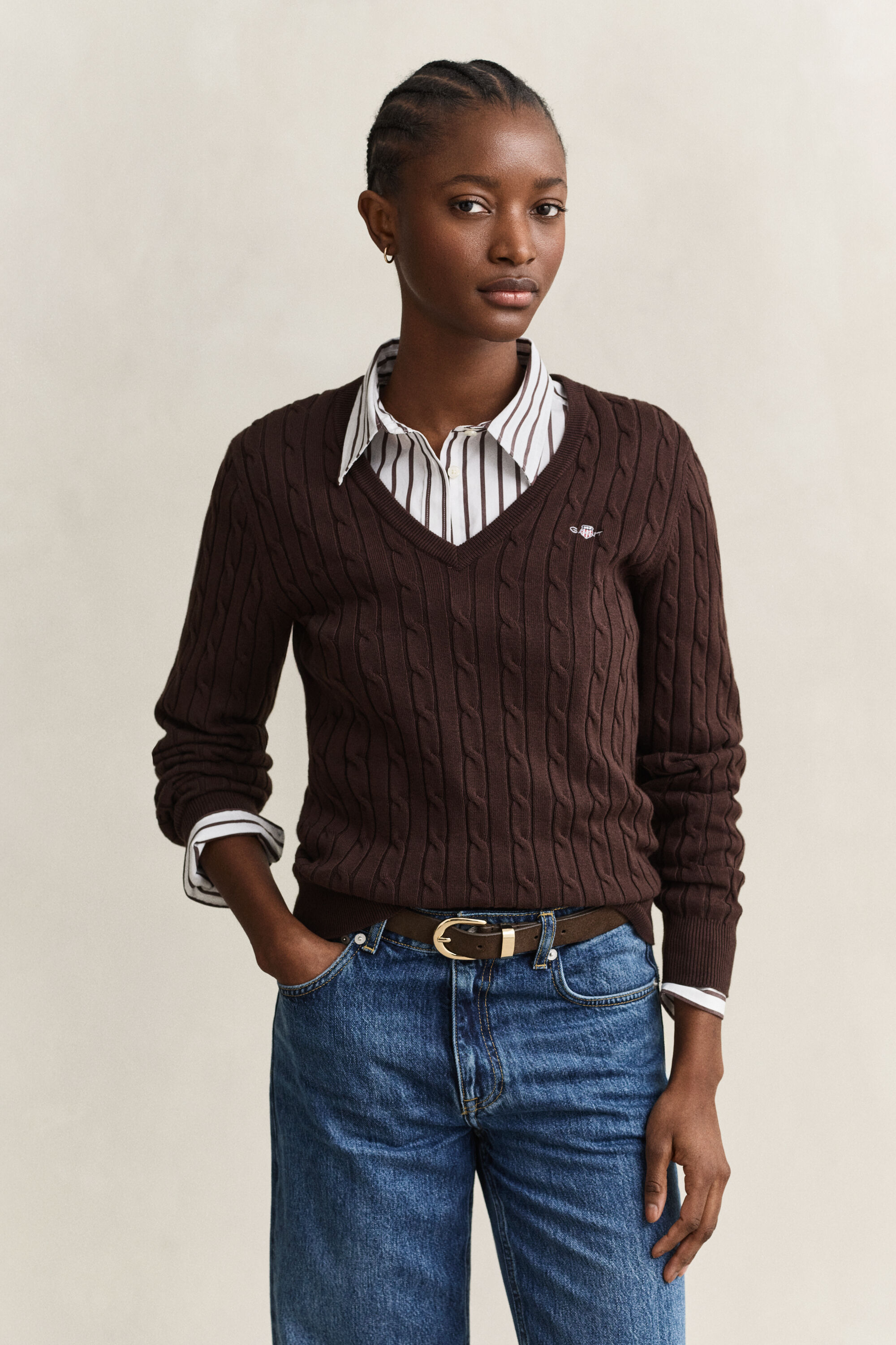 Camisola de malha entrançada com decote em V em algodão com elastano