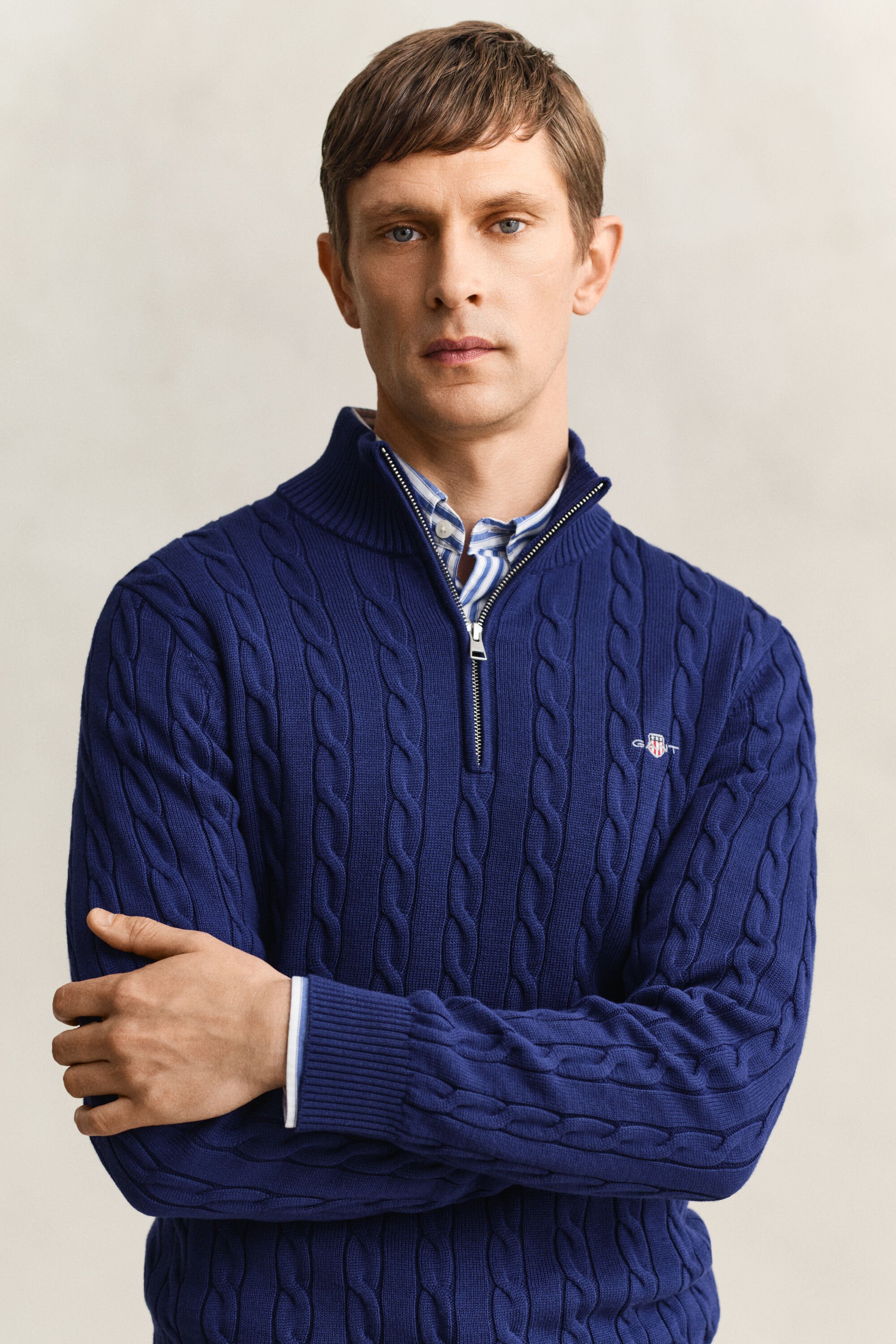 Camisola de malha entrançada de algodão com meio fecho de correr