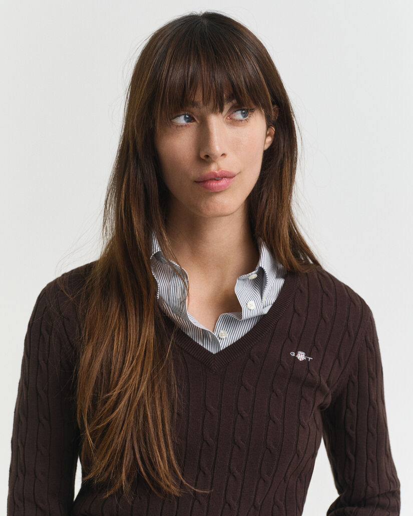 Camisola de malha entrançada com decote em V em algodão com elastano