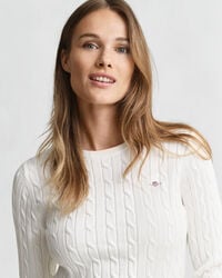 Camisola de malha entrançada com decote redondo em algodão com elastano