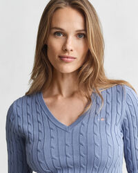 Camisola de malha entrançada com decote em V em algodão com elastano