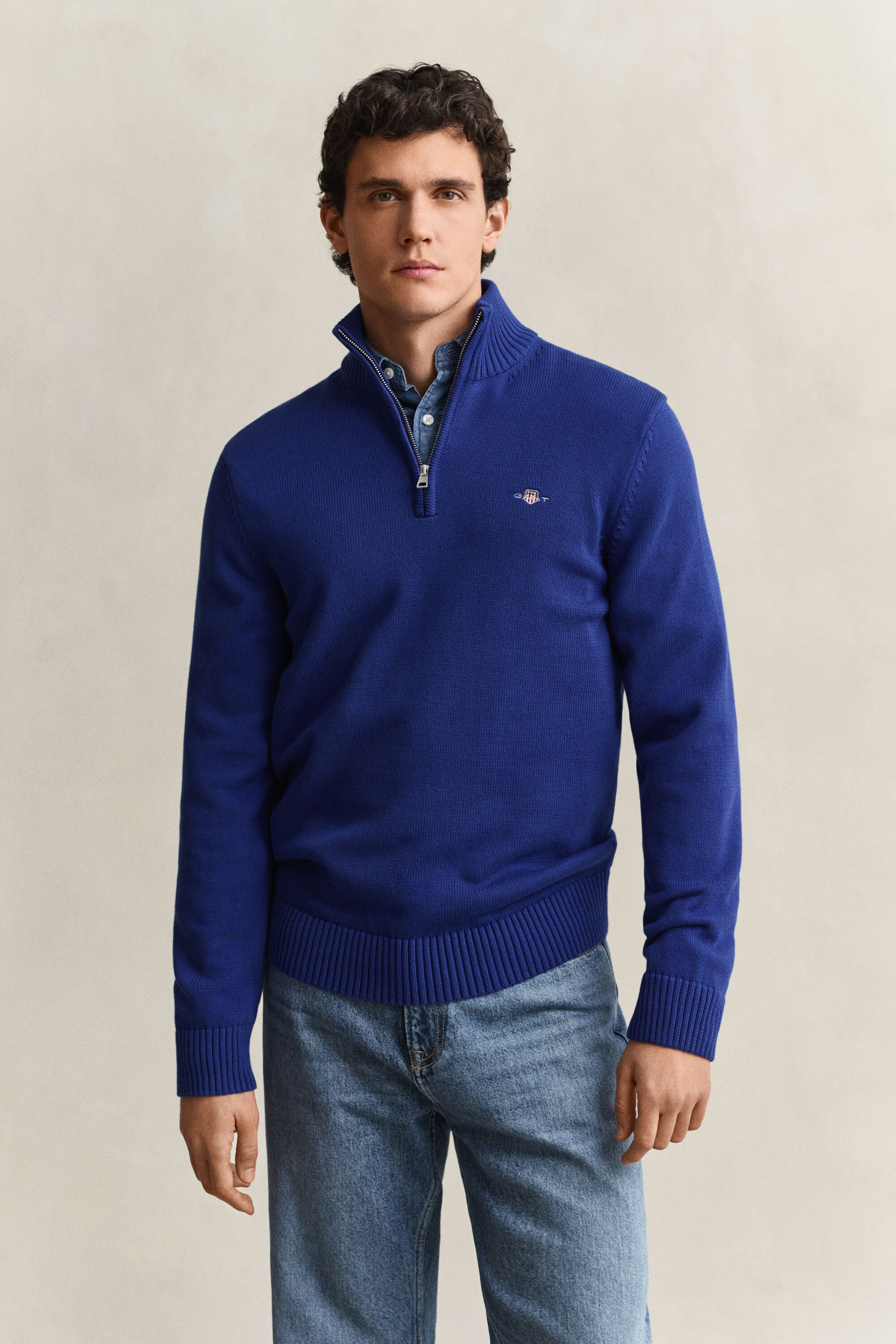 Camisola de malha em algodão com meio fecho Casual