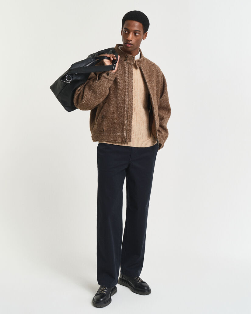 Camisola de malha entrançada de lã com decote redondo