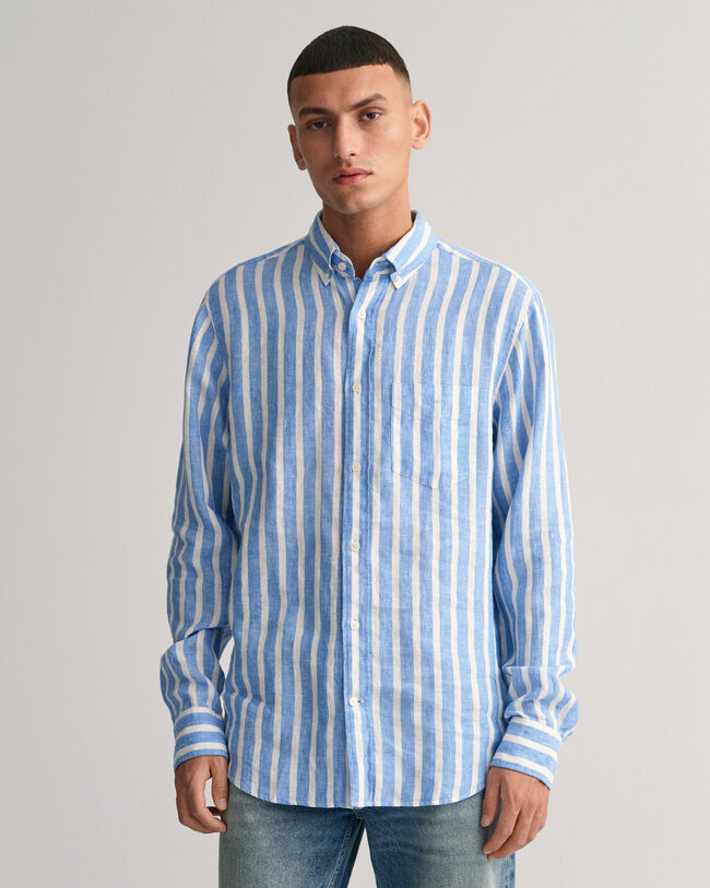Camisa em linho &agrave;s riscas largas regular fit
