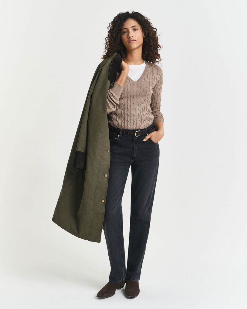 Camisola de malha entrançada com decote em V em algodão com elastano