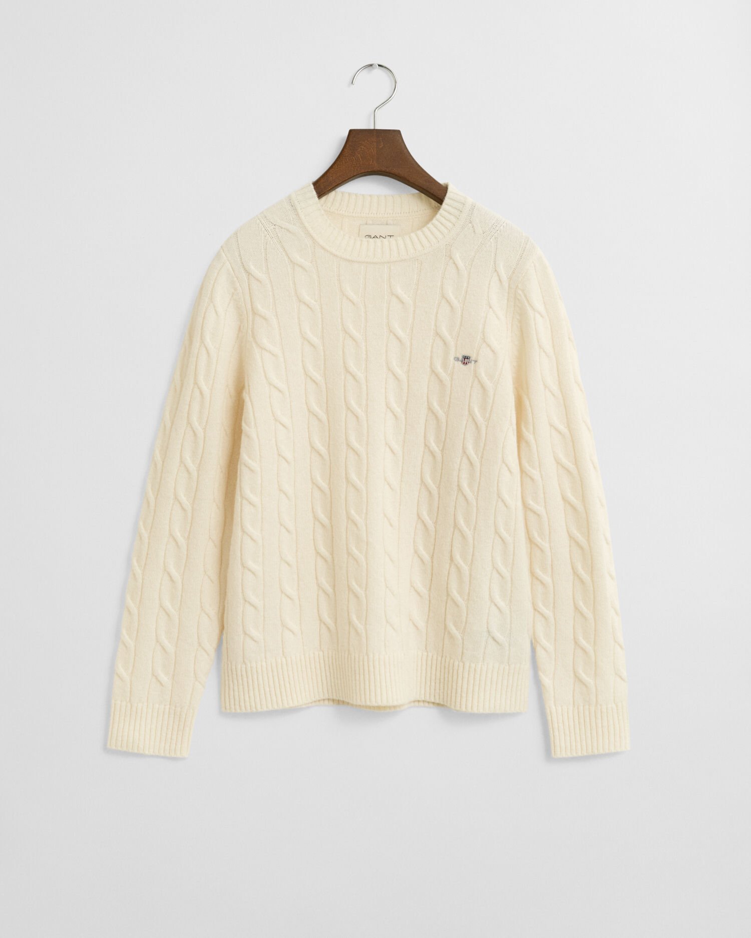 Camisola de malha entrançada de lã com decote redondo