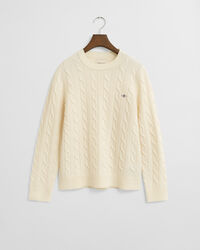 Camisola de malha entrançada de lã com decote redondo