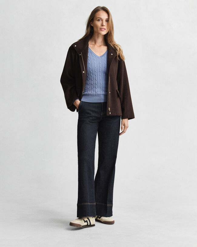 Camisola de malha entrançada com decote em V em algodão com elastano