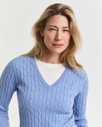 Camisola de malha entrançada com decote em V em algodão com elastano