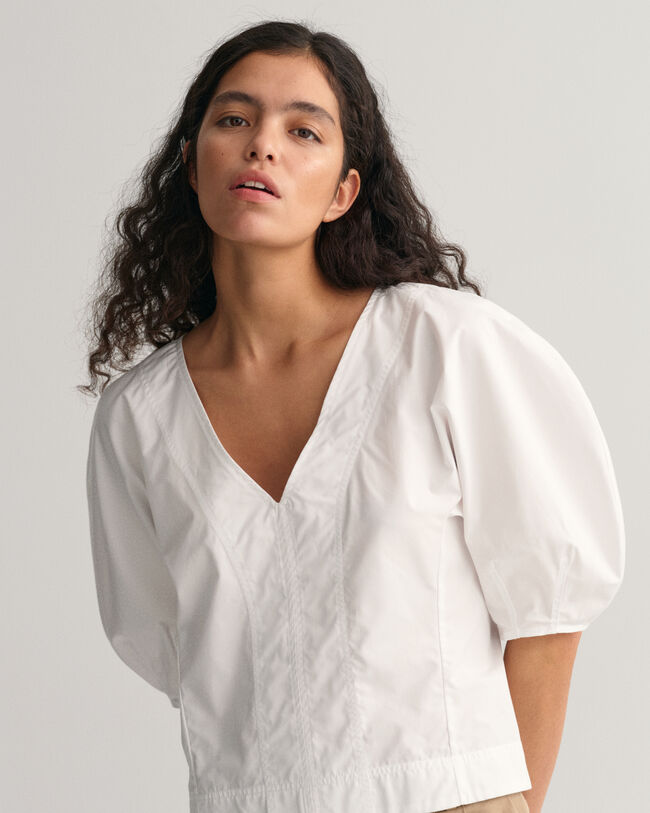 Top com decote em V e mangas de balão