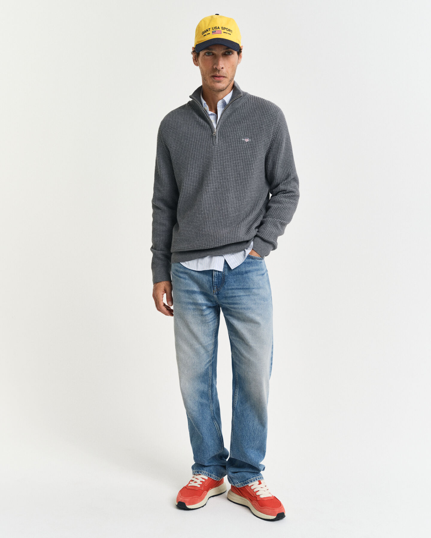 Camisola de malha com meio fecho em algodão texturizado