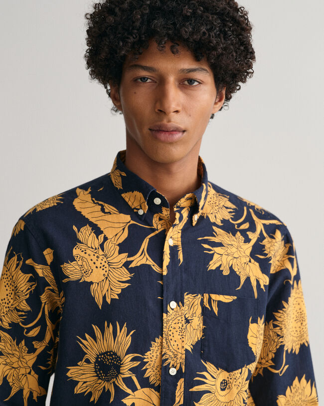 Camisa de linho e algod&atilde;o com estampado Sunflower regular fit