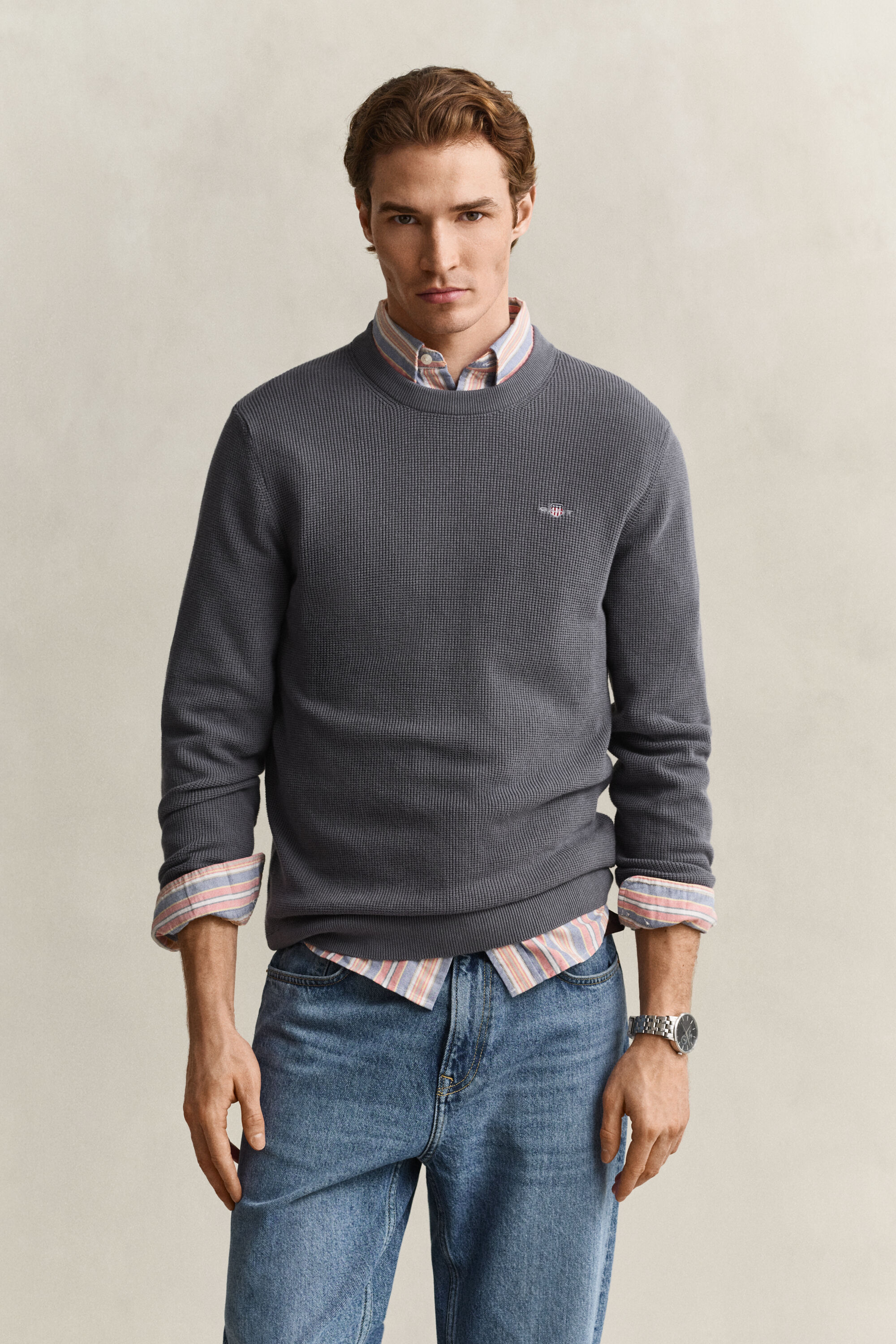 Camisola de malha com decote redondo em algodão texturizado
