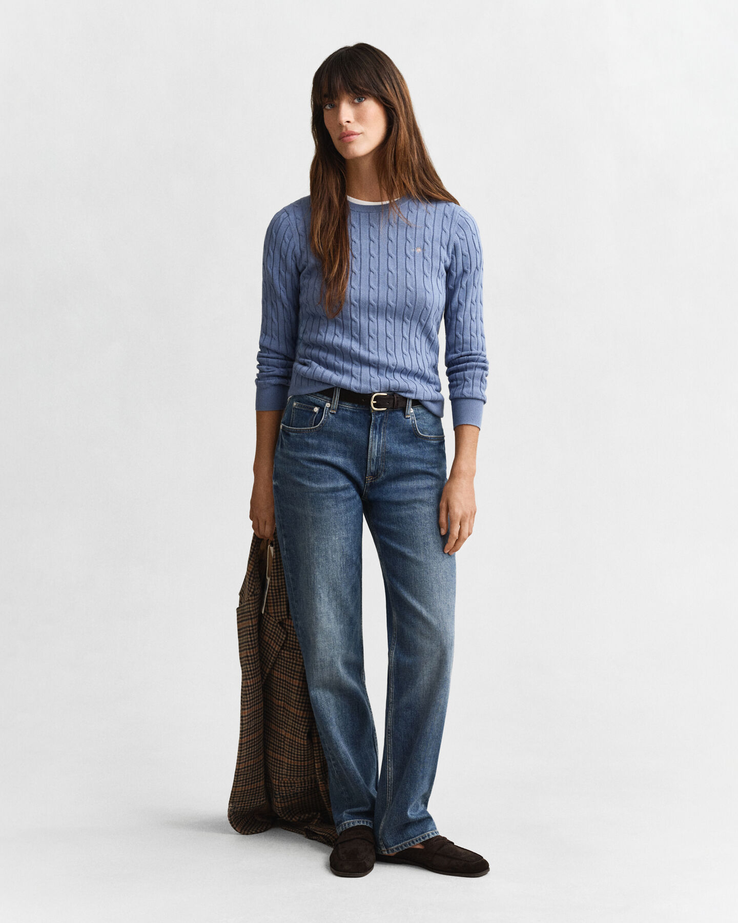 Camisola de malha entrançada com decote redondo em algodão com elastano