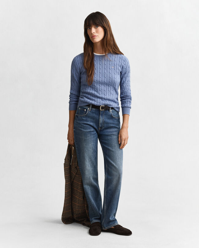 Camisola de malha entrançada com decote redondo em algodão com elastano