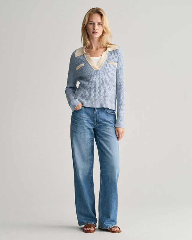 Pulover estilo polo em malha entran&ccedil;ada