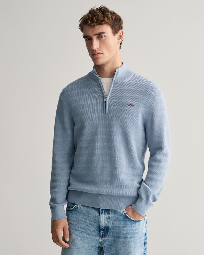 Sweatshirt com meio fecho em algodão texturizado às riscas