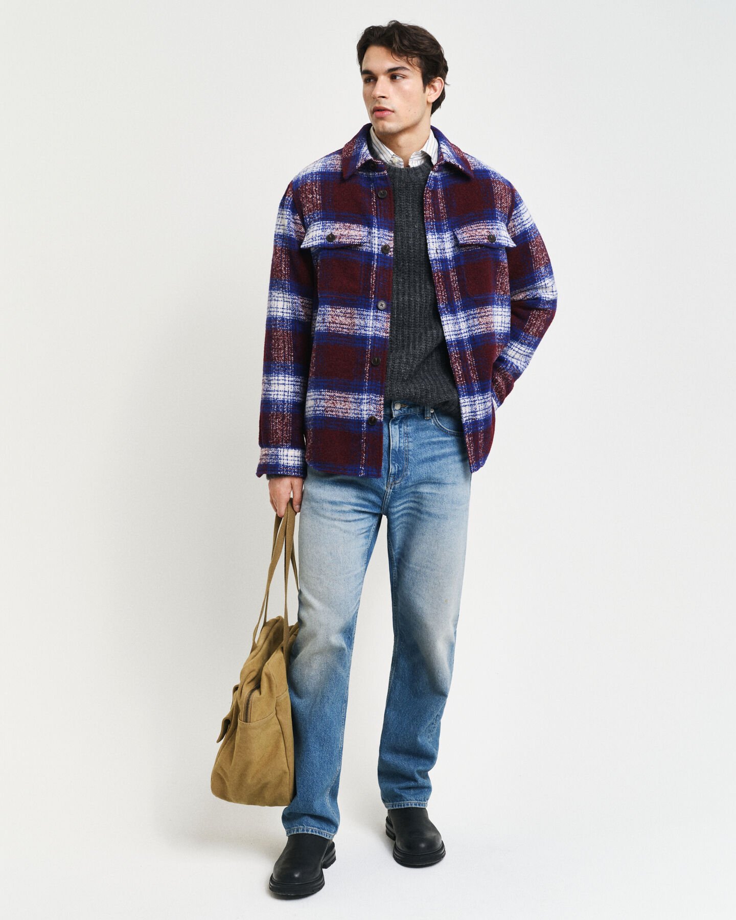 Sobrecamisa em mistura de lã com padrão de xadrez