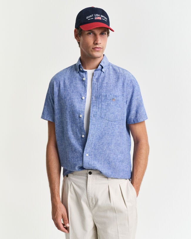 Camisa de manga curta em linho e algodão regular fit