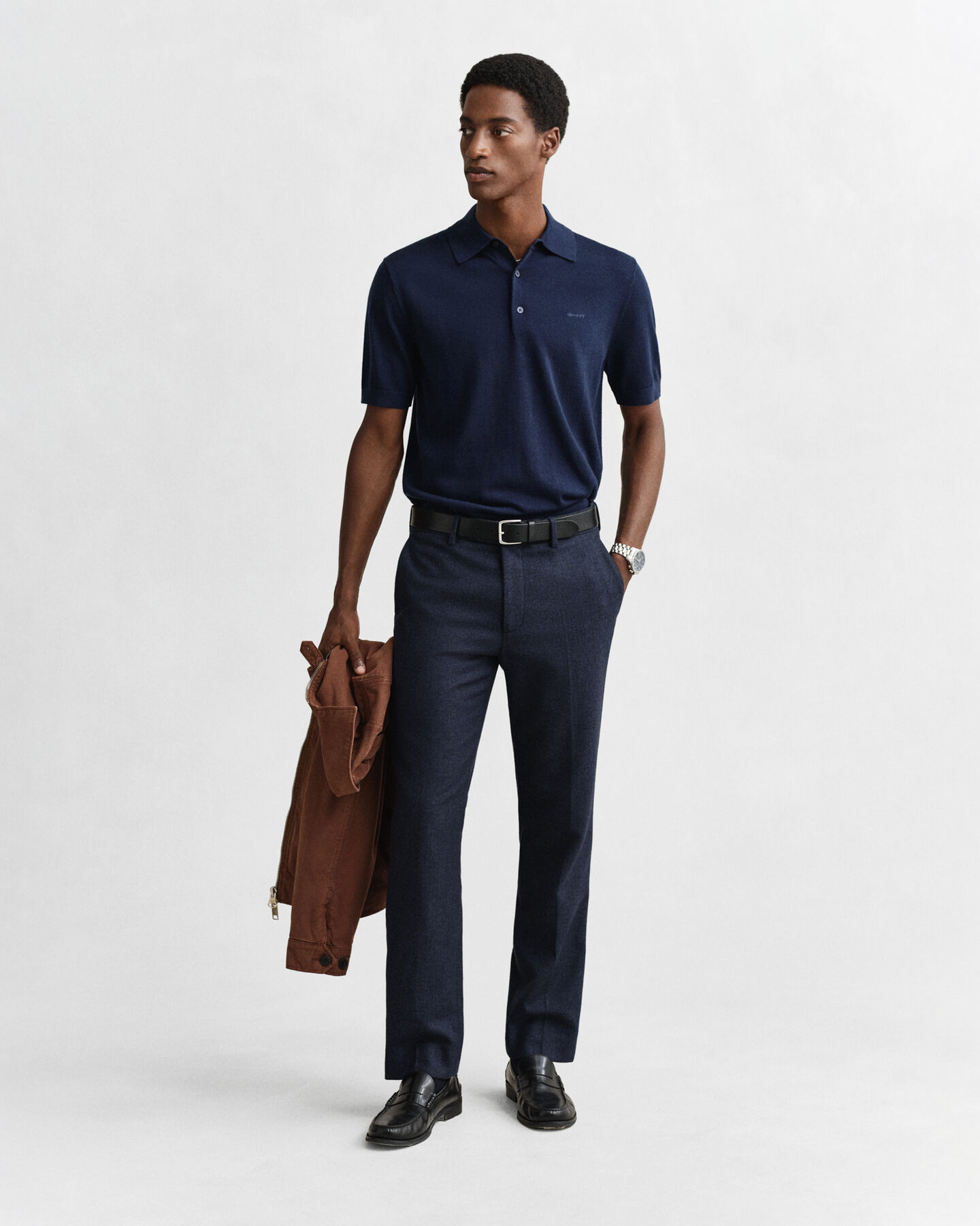 Camisola de malha estilo polo de manga curta em l&atilde; de merino extrafina