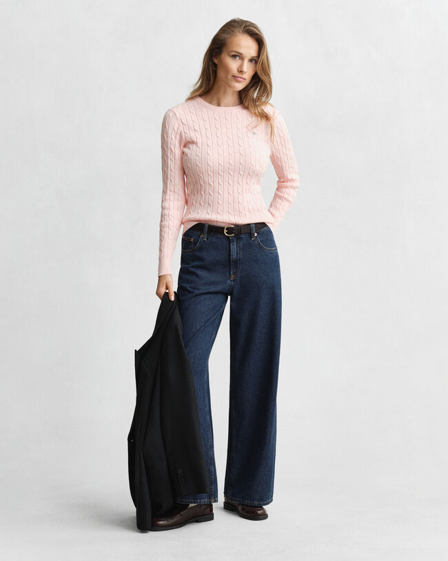 Camisola de malha entrançada com decote redondo em algodão com elastano