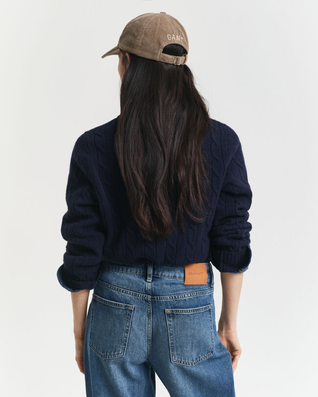 Camisola de malha entrançada de lã com decote redondo