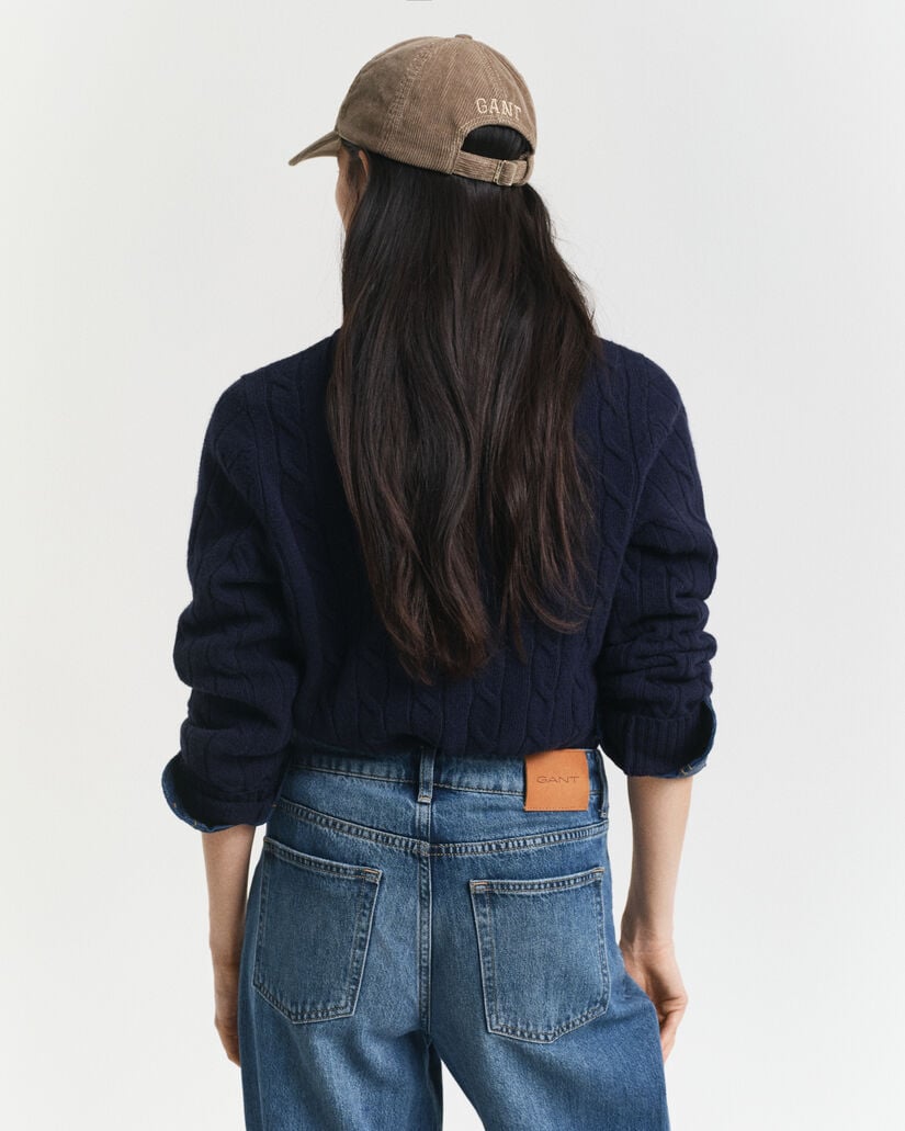 Camisola de malha entrançada de lã com decote redondo