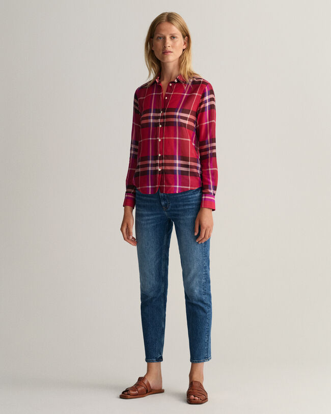 Camisa em padrão xadrez seda de algodão regular fit