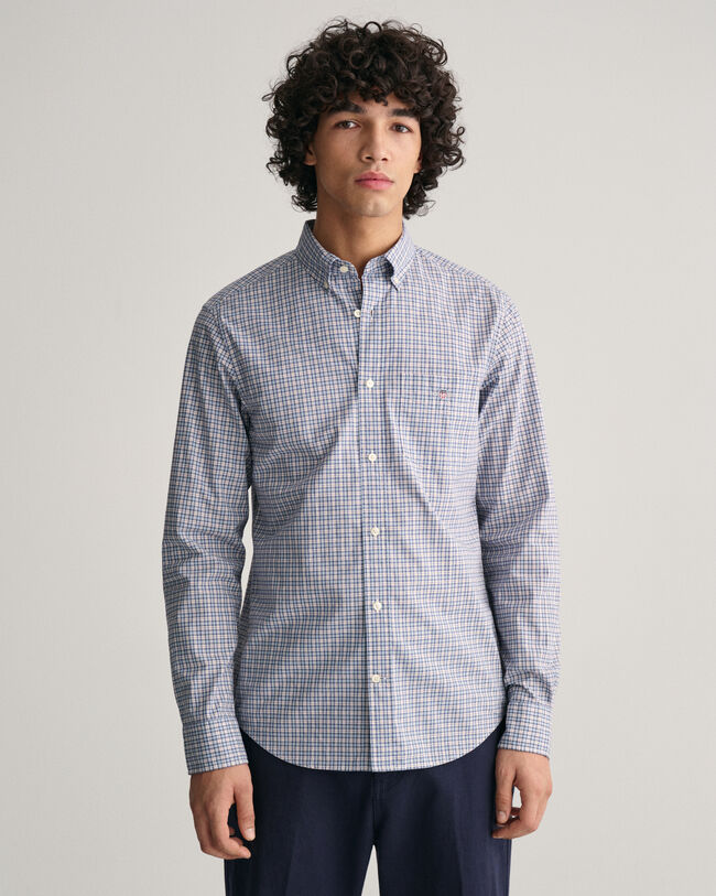 Camisa em popelina com padr&atilde;o de xadrez micro regular fit