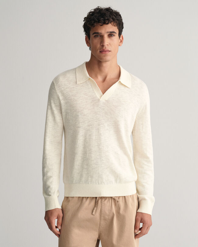 Camisola de malha com colarinho de polo aberto em linho e algod&atilde;o