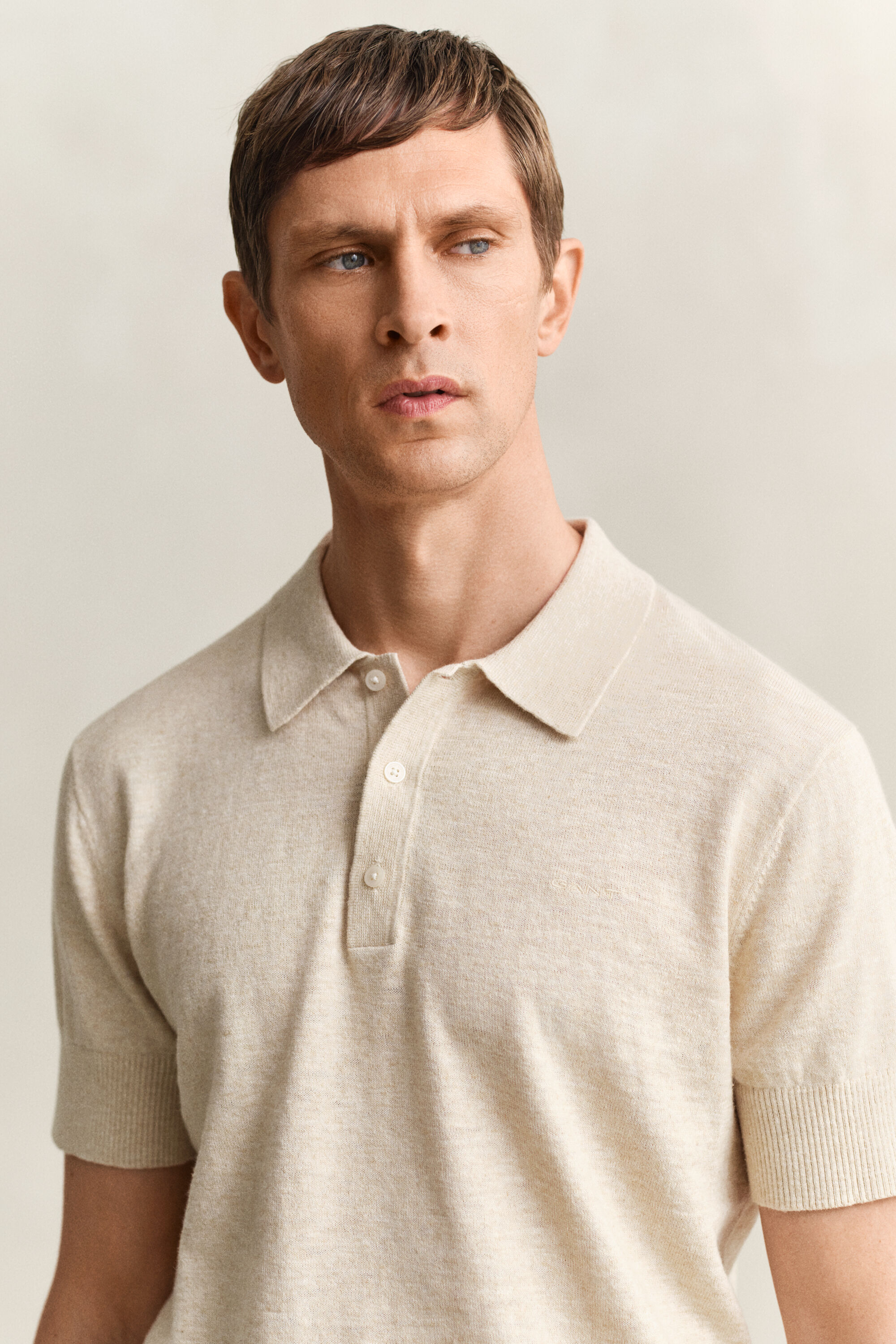 Camisola de malha estilo polo com manga curta em algodão com mistura de fios