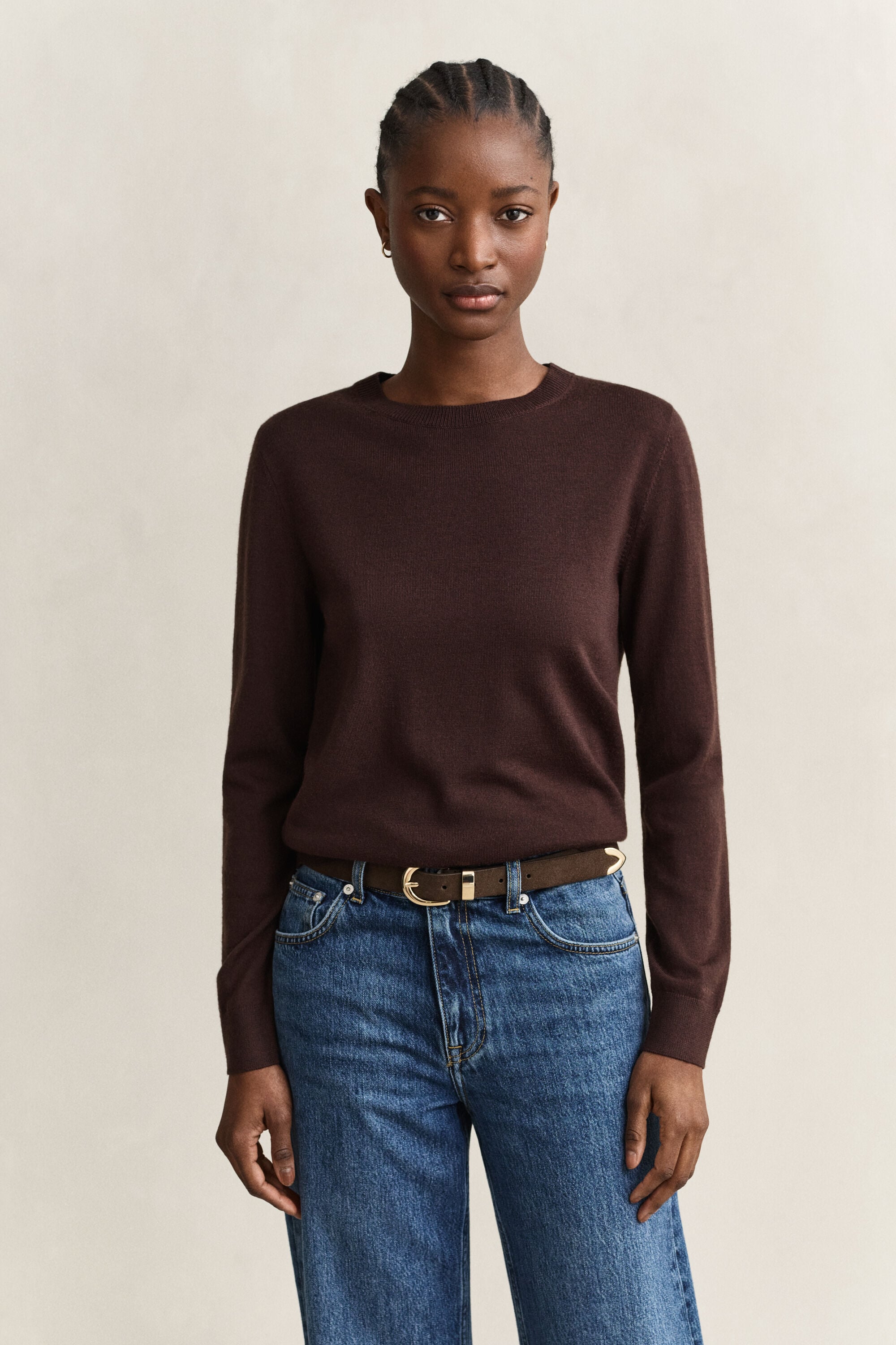 Camisola de malha com decote redondo em lã de merino extrafina