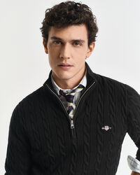 Camisola de malha entrançada de algodão com meio fecho de correr