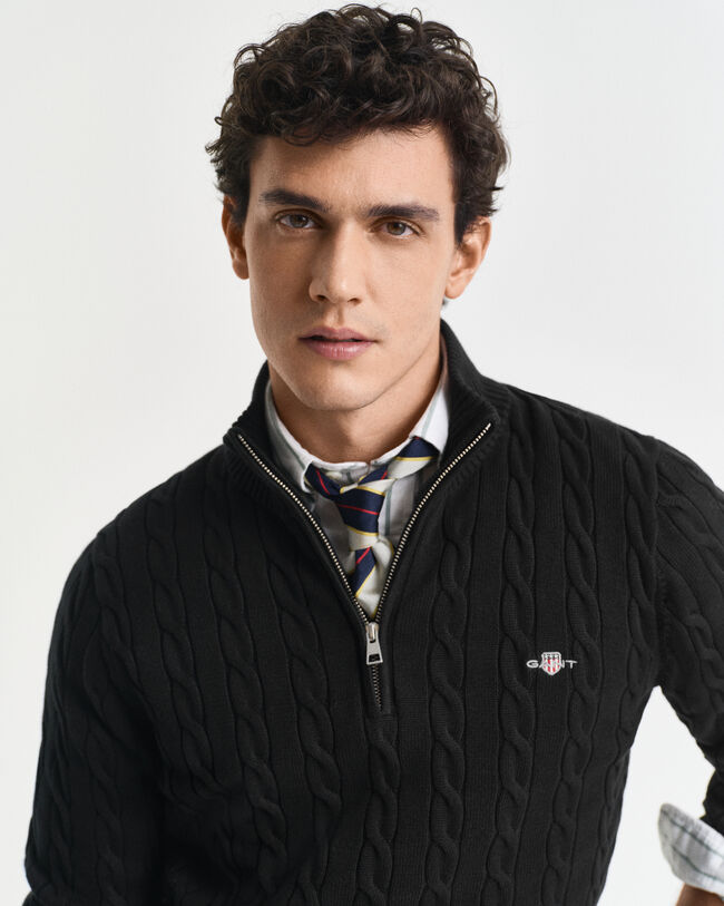 Camisola de malha entrançada de algodão com meio fecho de correr