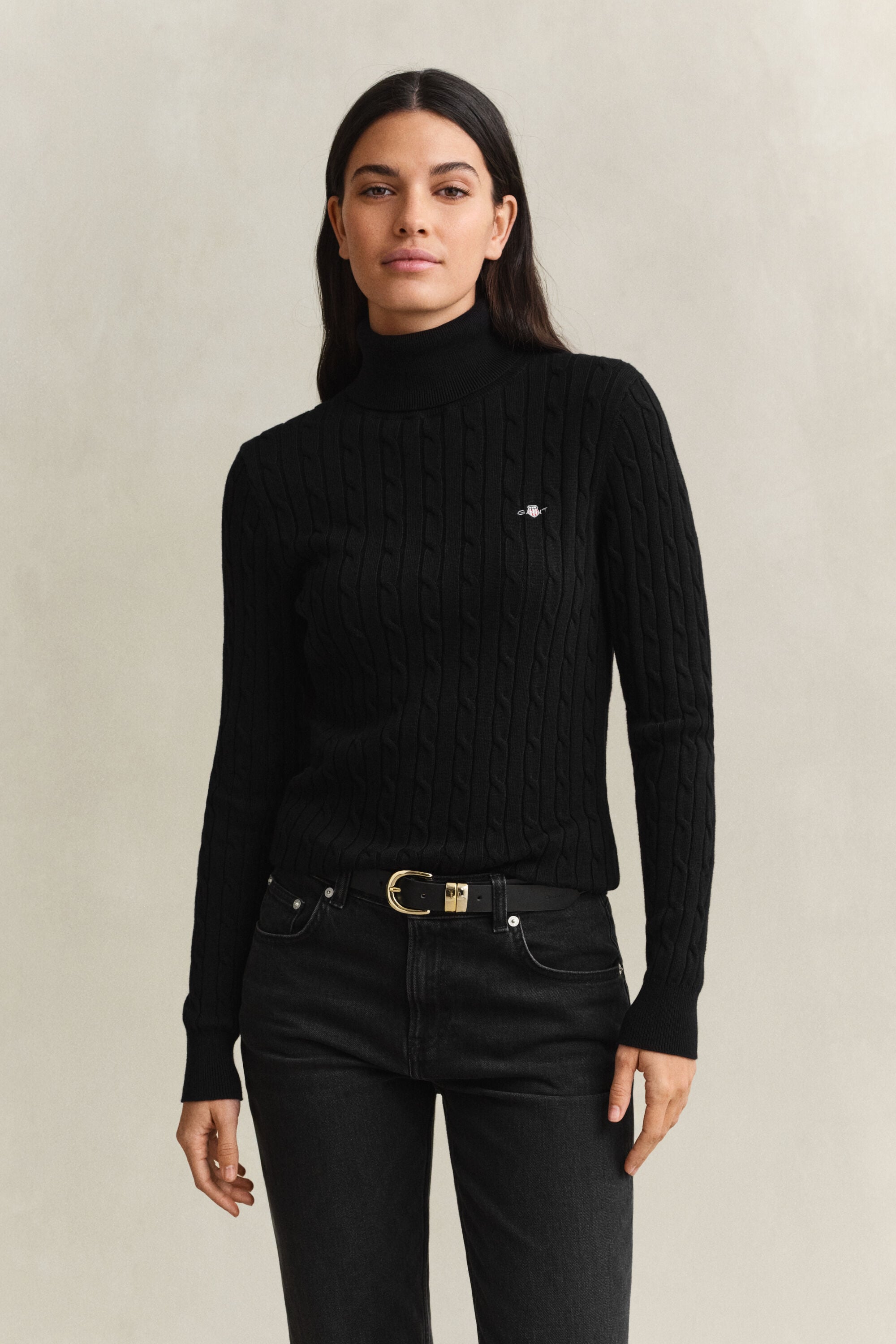 Camisola de gola alta em malha entrançada de algodão com elastano