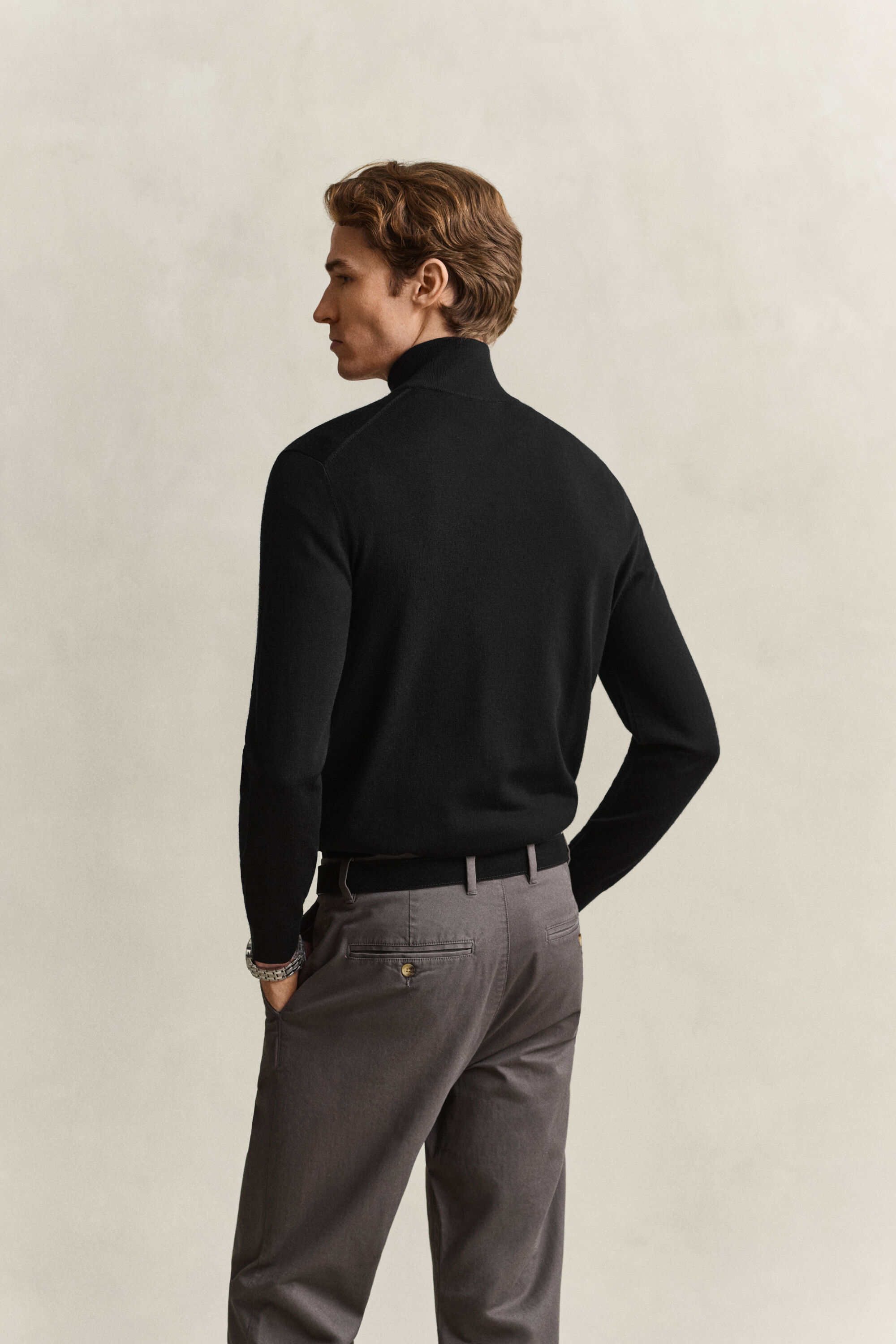 Camisola de malha com meio fecho de correr em lã de merino