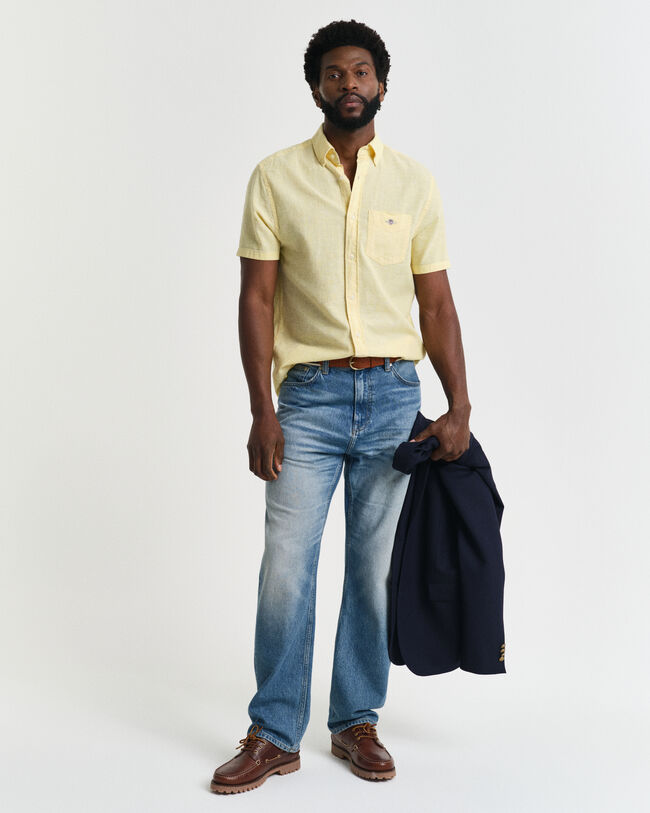 Camisa de manga curta em linho e algod&atilde;o regular fit